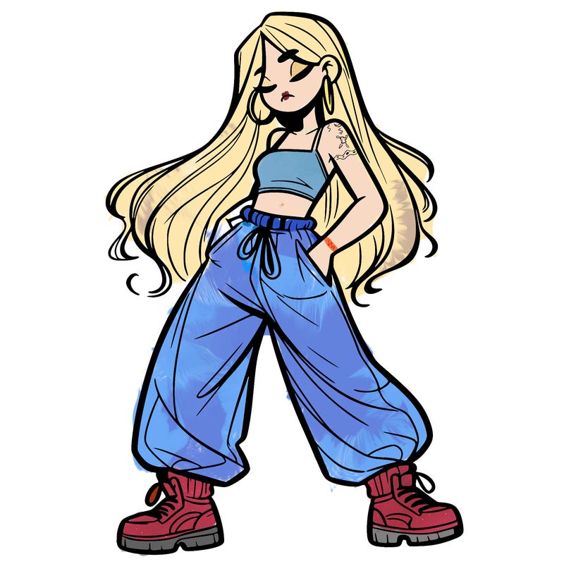 girl in baggy pants crop top and long hair
