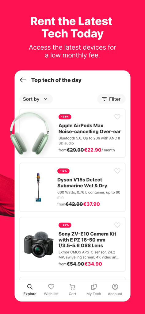Grover app interface displaying top tech devices for rent with monthly prices