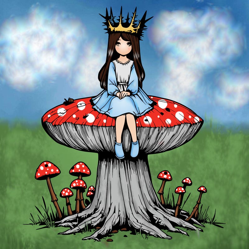 realistic girl sitting on a huge tree stump size toadstool with thorn crown