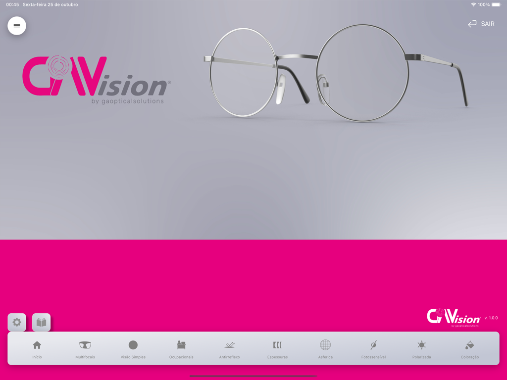 GaVision iPad app home screen showing a pair of glasses and a menu for lens technology options