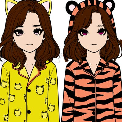 2 realistic girls 1 with cat pajamas the other with tiger pajamas