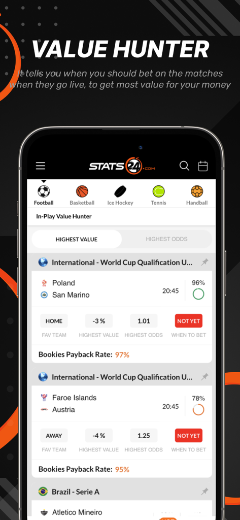 Stats24 mobile app showing live football match betting values and probabilities