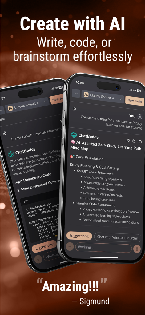 ChatBuddy - Multi-AI Assistant - Two iPhone screens displaying ChatBuddy app generating code and a self-study mind map.