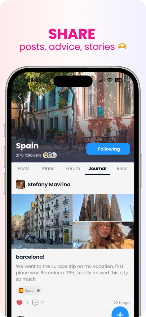Going Solo: Travel Friends - Interface of the Going Solo app showing a user travel journal for Barcelona Spain