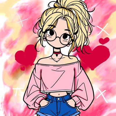 girl with a messy ponytail glasses a baggy crop top and jean shorts