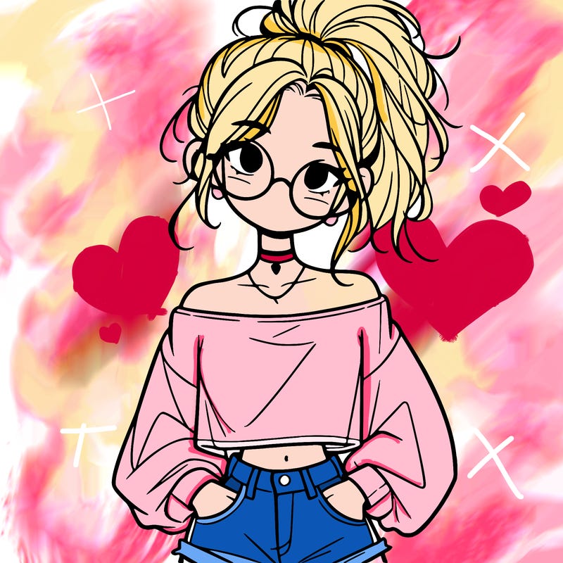 girl with a messy ponytail glasses a baggy crop top and jean shorts