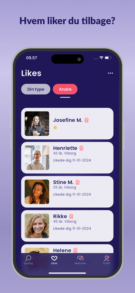 Dating.dk - Dating.dk app interface showing a list of users who have liked the profile