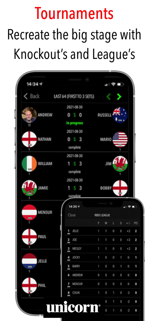 Tournament brackets and league standings screen in the Russ Bray Darts Scorer Pro app