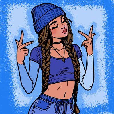 realistic teenage girl with braids and a beanie and crop top doing 🫶🏼