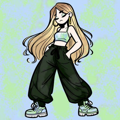 girl in baggy pants crop top and long hair