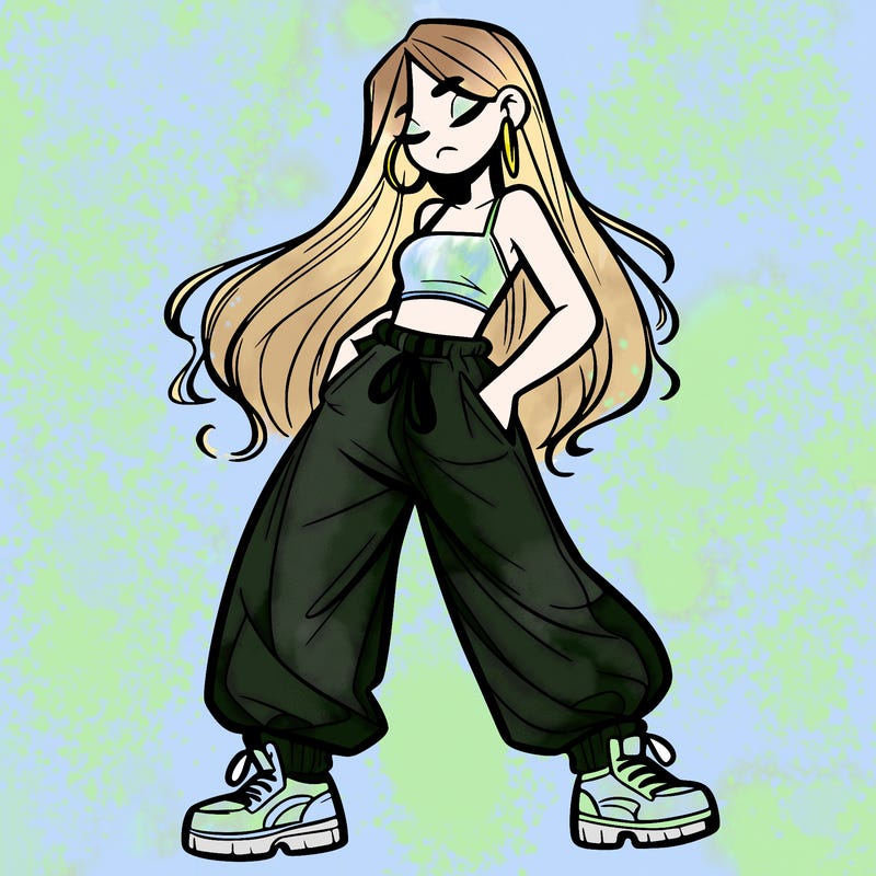girl in baggy pants crop top and long hair