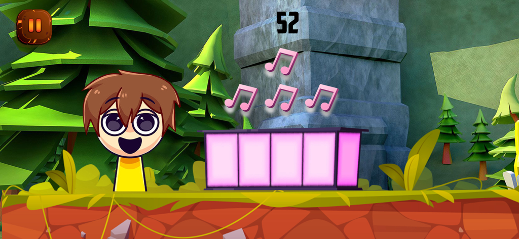 A cartoon character with big eyes standing in a forest level with floating musical notes in Sprunki Game.