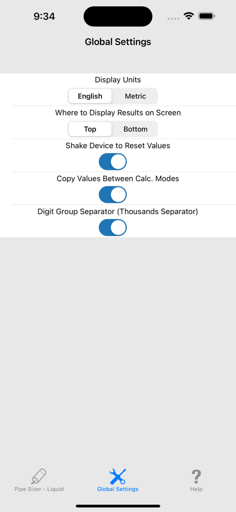 HVAC Pipe Sizer - Liquid - Global settings screen of the HVAC Pipe Sizer Liquid app showing configuration options for units and display preferences