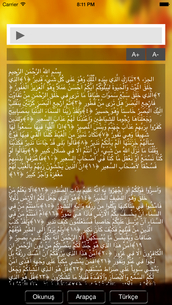 Tebareke Suresi - Arabic script display in the Tebareke Suresi mobile app featuring audio playback and font size controls