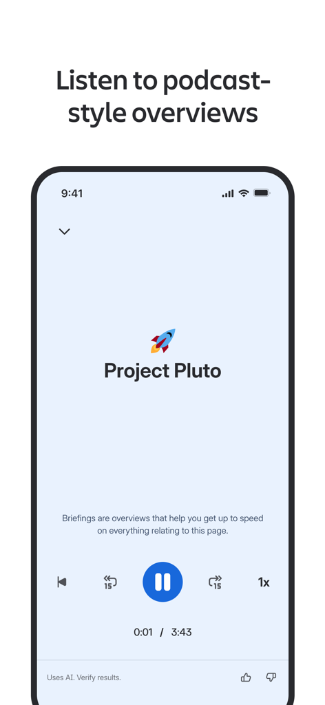 Interface of the Confluence Cloud app showing an AI-powered podcast-style audio summary for a project