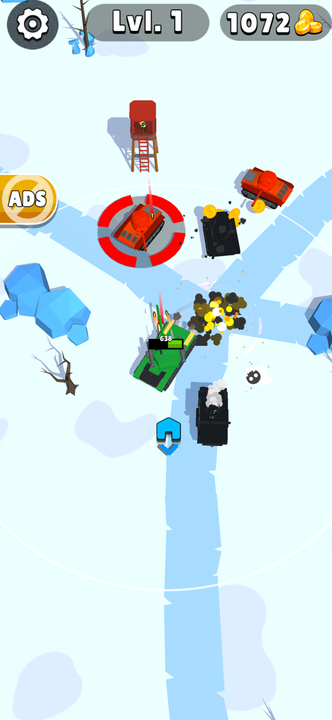 Top down view of a green tank engaging enemy vehicles in a snowy environment with explosions and coin rewards