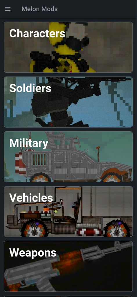 Interface showing mod categories for Melon PG including Characters, Soldiers, Military, Vehicles, and Weapons.