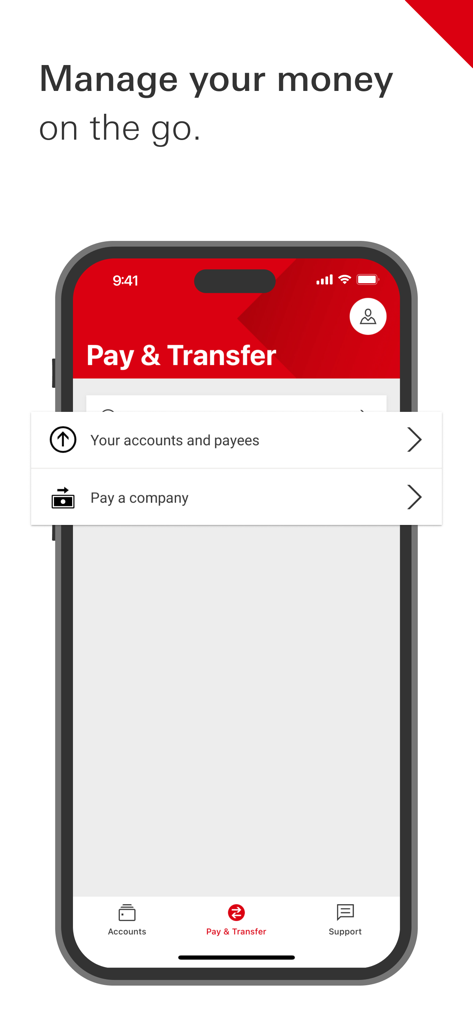 Interface de l'application HSBC Malte Pay and Transfer affichant des options pour les comptes, les bénéficiaires et les paiements d'entreprise