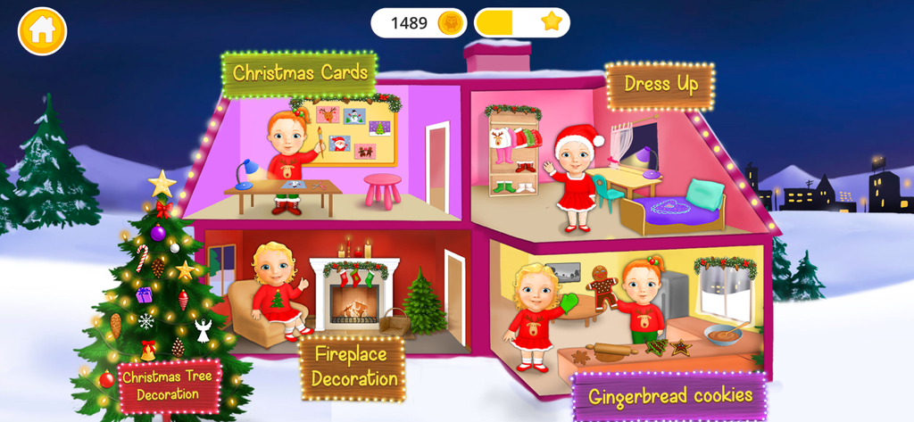 Sweet Olivia - Christmas 2 - A dollhouse interface in Sweet Olivia Christmas 2 showing rooms for baking cookies dressing up and decorating for the holidays