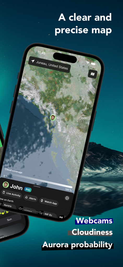 Easy Aurora: Forecast & Alerts - Easy Aurora app interface showing an interactive map for northern lights tracking and cloud coverage in Juneau