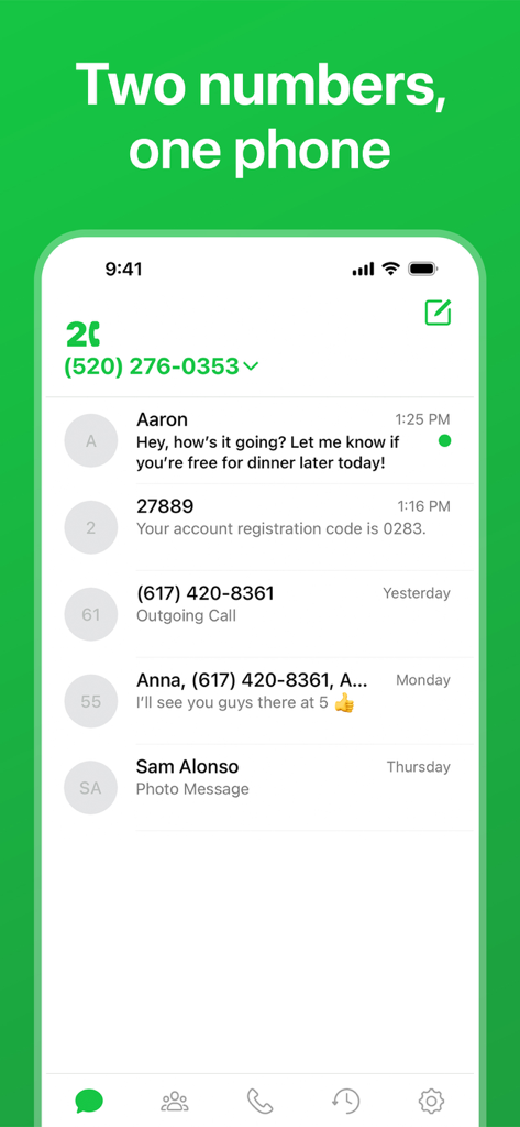 Smartphone screen showing the Second Line app interface with text messages and calls from two different numbers on one device.
