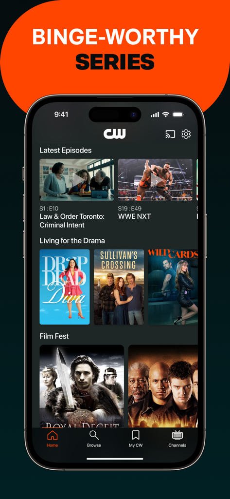 The CW app home screen on an iPhone showing various TV series and movies available for streaming