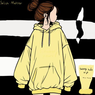 realistic girl with a oversized sweatshirt on and a bun