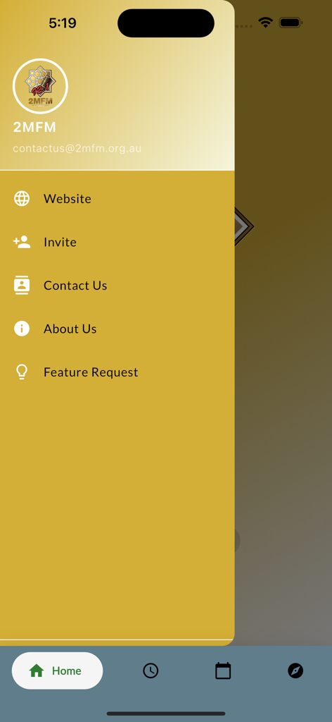 The side navigation menu of the 2MFM mobile app showing options for website invite contact and about us