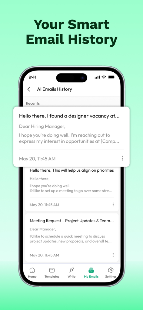 AI Email Writer - All MailBox - Smartphone screen showing the history of AI-generated email drafts and messages.