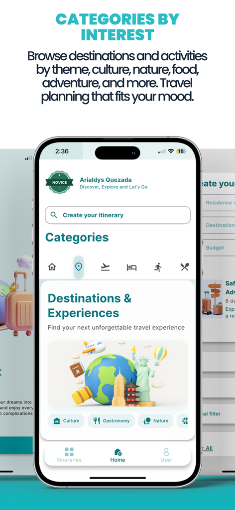 Lets2Go: AI Trip Planner - Lets2Go app screen showing travel categories by interest like culture gastronomy and nature for personalized trip planning