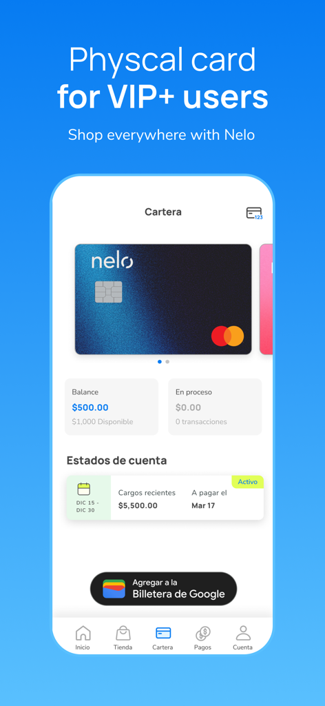 Nelo app wallet interface showing a physical Mastercard for VIP users and option to add to Google Wallet
