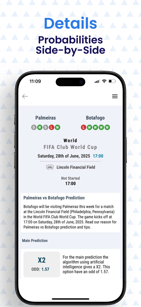 Bildschirm der Football Predictions AI App mit Spiel-Details und KI-gesteuerter Vorhersage für Palmeiras gegen Botafogo.