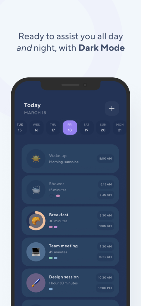 TimeBloc - Daily Planner - TimeBloc app interface showing daily schedule in dark mode