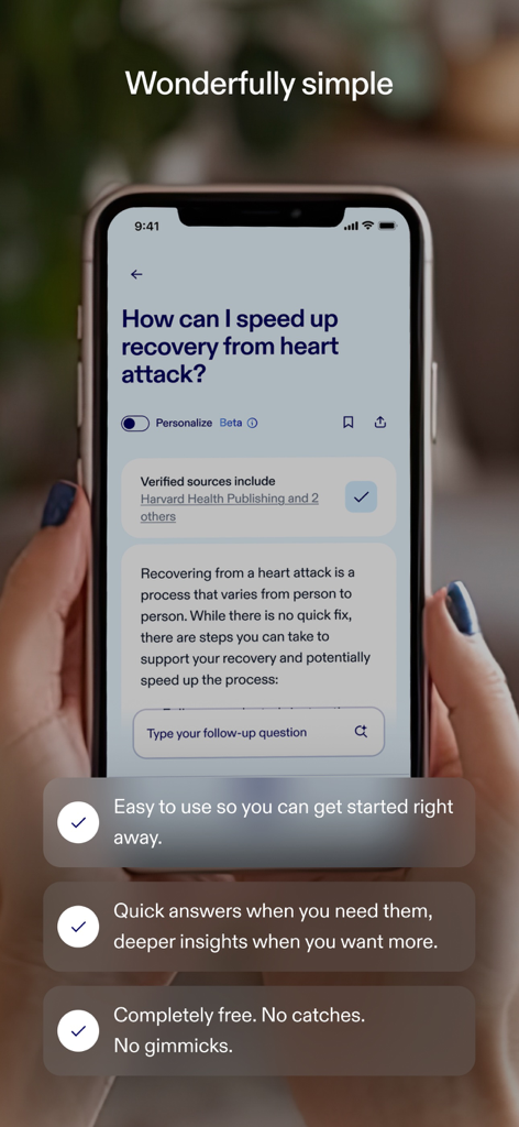 Health Answers by Pfizer - A smartphone showing the Health Answers by Pfizer app interface with a medical question about heart attack recovery and verified sources