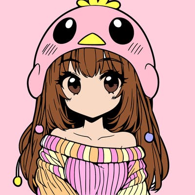 anime girl with chick shaped hat with sweater with bare shoulders with bangs covering them one eye with low tail
