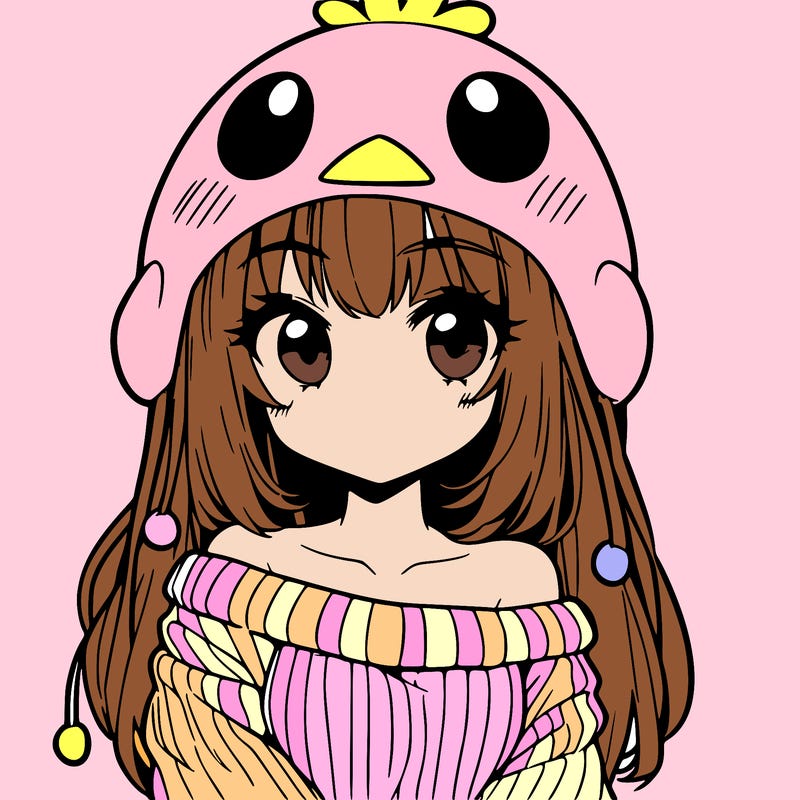anime girl with chick shaped hat with sweater with bare shoulders with bangs covering them one eye with low tail