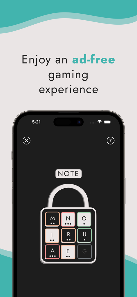 Letterbox - Daily Word Games - Captura de pantalla de la aplicación móvil Letterbox que destaca una experiencia de juego de palabras sin anuncios con un diseño de puzle minimalista.