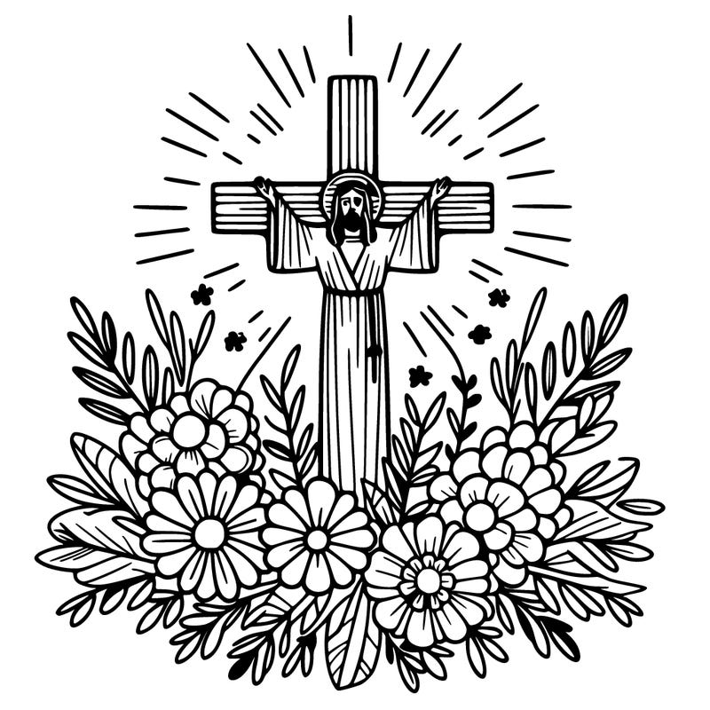 flowers surrounding jesus cross
