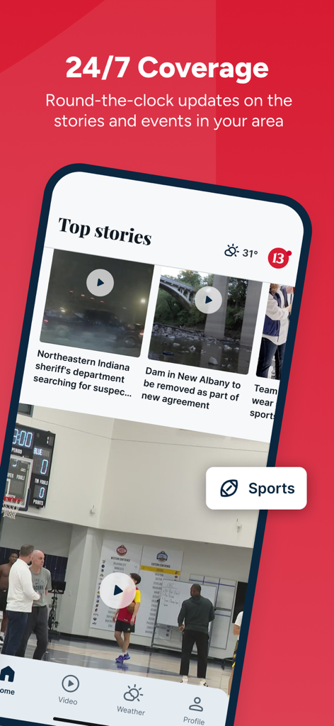 Indianapolis News from 13 WTHR - 13 WTHR Indianapolis News app interface showing local top stories and sports videos.