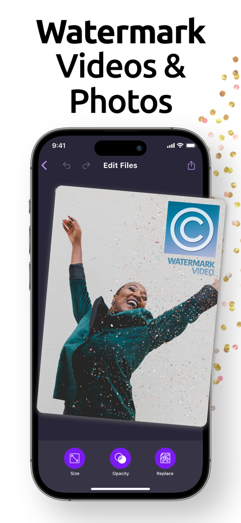 Watermark - iPhone screen displaying the Watermark app interface with a copyright logo being applied to a photo