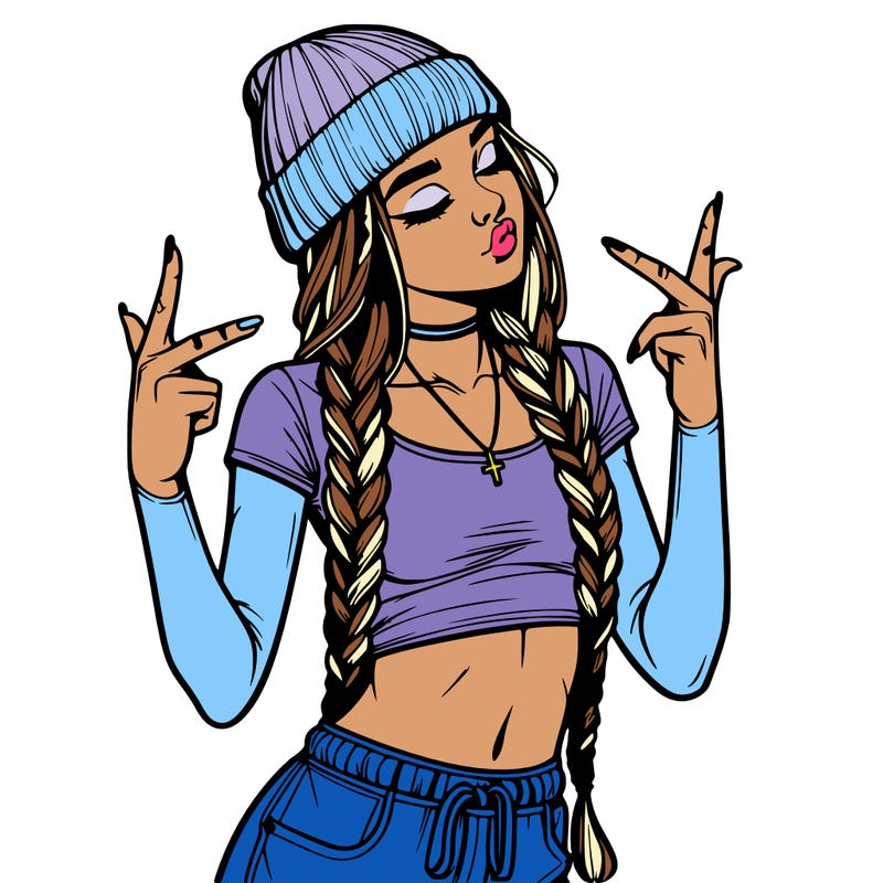 realistic teenage girl with braids and a beanie and crop top doing 🫶🏼