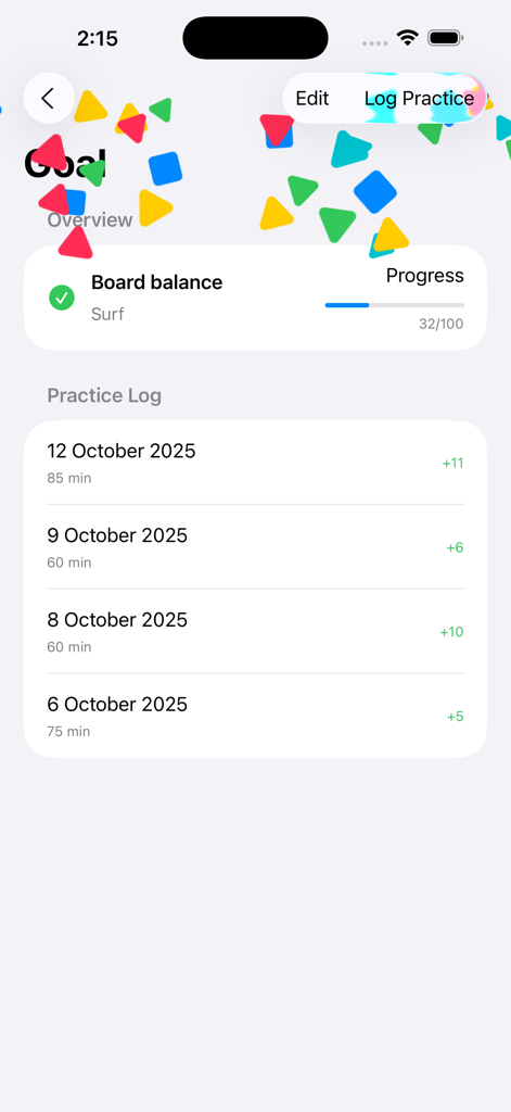 Surf's App: Windsurf, Kitesurf - モバイルアプリのインターフェース。ボードバランスのサーフィン目標、進捗バー、練習記録履歴が表示されています。