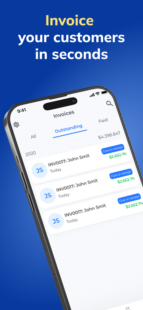 Zintego - Invoice Maker - Tela do iPhone exibindo a lista de faturas pendentes do aplicativo Zintego com o texto Fature seus clientes em segundos.