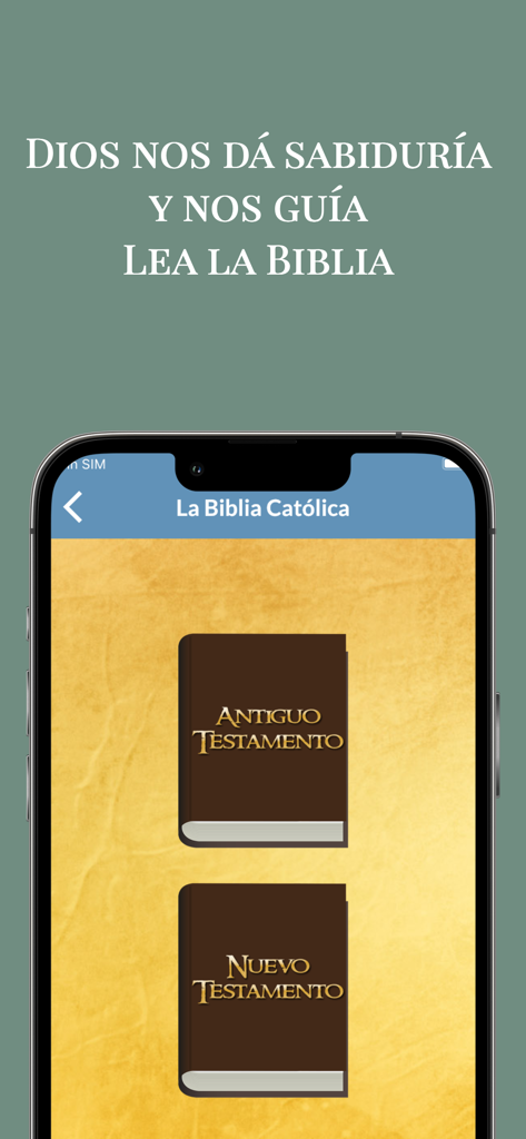 La Biblia Católica en Español - Interfaz de la aplicación móvil La Biblia Católica mostrando botones de selección del Antiguo y Nuevo Testamento.