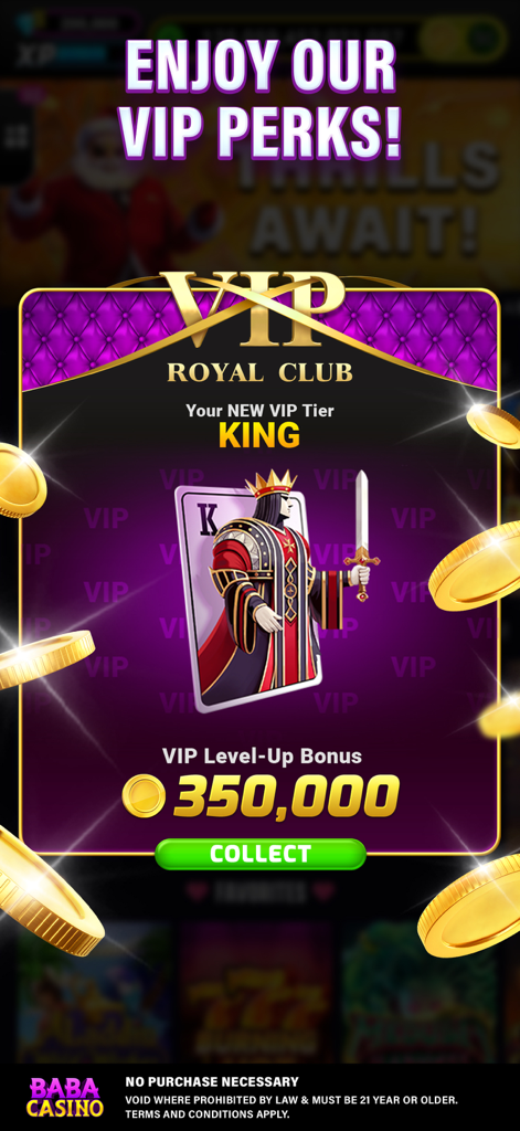 Baba Casino VIP Royal Club screen showing King tier level up bonus of 350000 coins