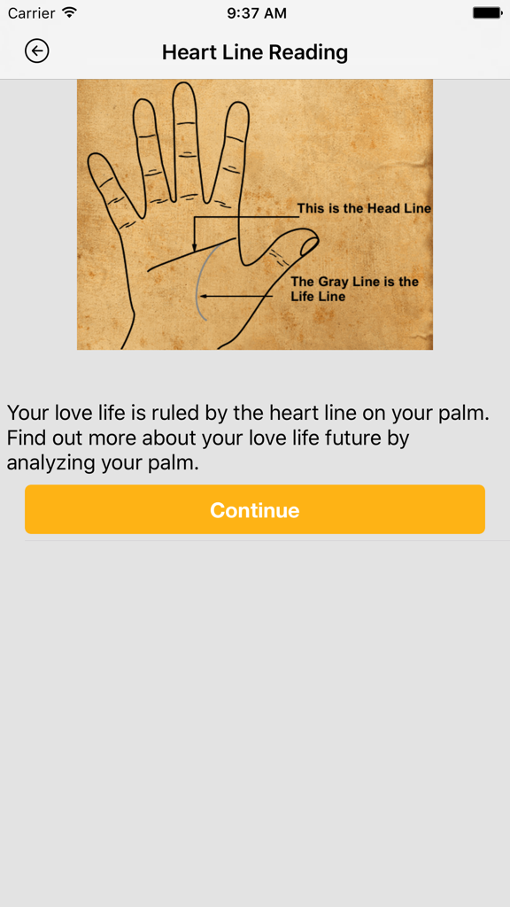 Palm Reader - Scan Your Future - A palmistry diagram on a vintage background showing the head and life lines with a description of the heart line for love life readings