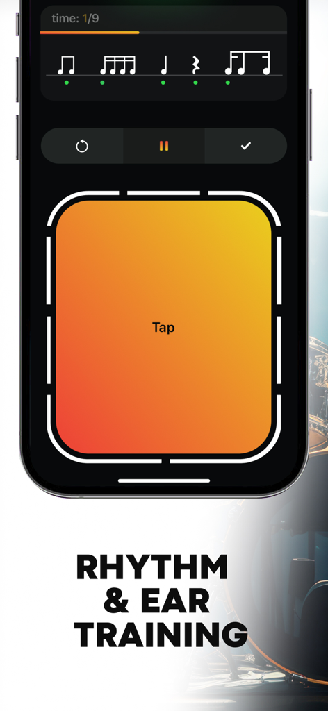 Rhythm Trainer - Ear Training - Rhythm and ear training app showing musical notes and a large tap button for rhythm practice