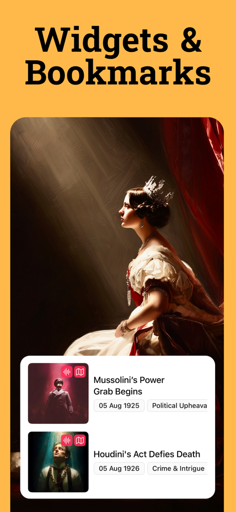 History Days: Stories & Videos - L'interfaccia dell'app History Days che mostra widget storici e segnalibri con storie su Mussolini e Houdini.