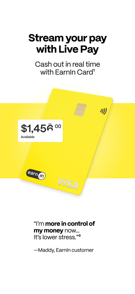 EarnIn: Beyond Cash Advance - Marketing graphic for the EarnIn Visa card showing a balance of one thousand four hundred fifty six dollars with the headline Stream your pay with Live Pay