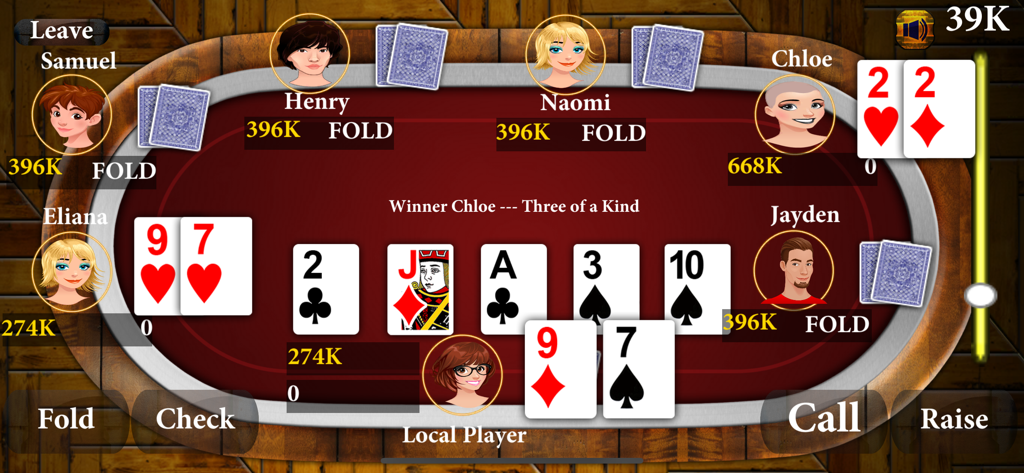 Golden Texas Holdem Poker - Une table de poker Texas Hold'em numérique avec des joueurs et des cartes communes